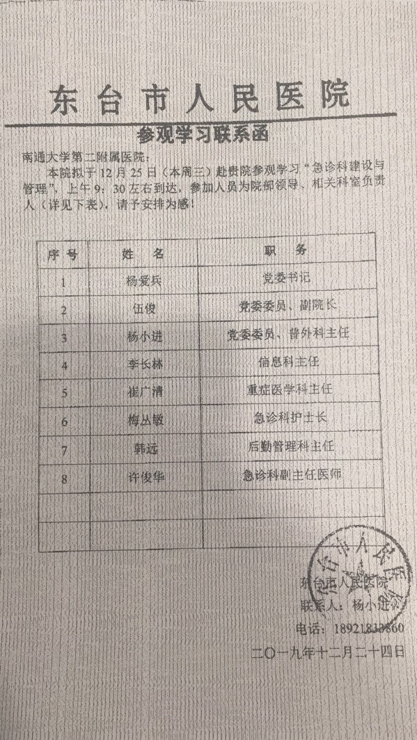 2019年12月份接待七批次44人参观急诊